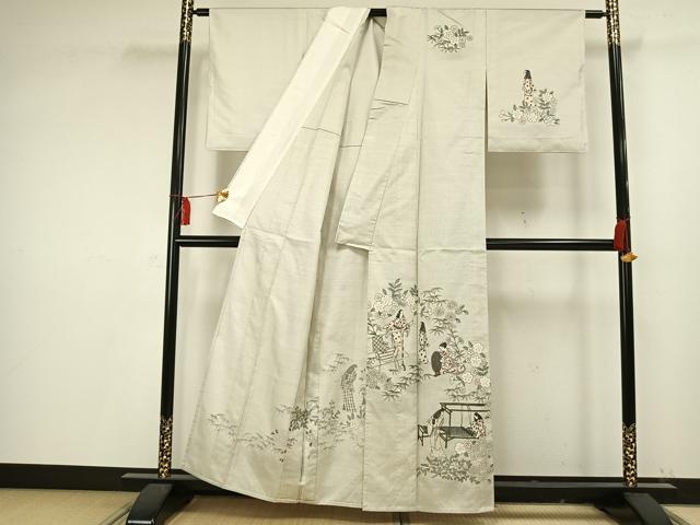 平和屋着物▽本場大島紬 単衣 作家物 手描き 人物風景文 証紙付き 正絹 逸品 AAAV2697fy