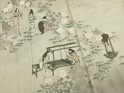 平和屋着物▽本場大島紬 単衣 作家物 手描き 人物風景文 証紙付き 正絹 逸品 AAAV2697fy