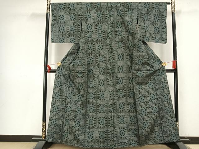 平和屋着物▽上質な紬 単衣 変わり市松文様 正絹 逸品 未使用 AAAV2700fy