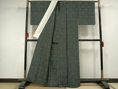 平和屋着物▽上質な紬 単衣 変わり市松文様 正絹 逸品 未使用 AAAV2700fy