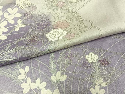 平和屋着物▽訪問着 単衣 刺繍 花文箱文 銀糸 正絹 逸品 AAAV2716fy
