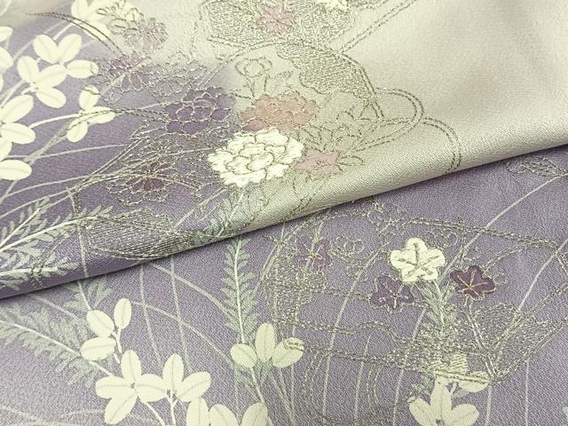平和屋着物▽訪問着 単衣 刺繍 花文箱文 銀糸 正絹 逸品 AAAV2716fy