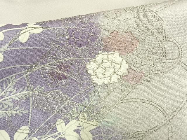 平和屋着物▽訪問着 単衣 刺繍 花文箱文 銀糸 正絹 逸品 AAAV2716fy