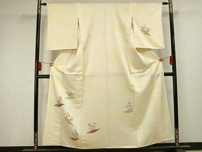 平和屋着物▽訪問着　単衣　友禅　駒刺繍　草花文　正絹　逸品　AAAV2720fy