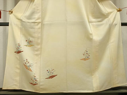 平和屋着物▽訪問着　単衣　友禅　駒刺繍　草花文　正絹　逸品　AAAV2720fy