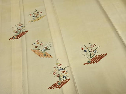 平和屋着物▽訪問着　単衣　友禅　駒刺繍　草花文　正絹　逸品　AAAV2720fy