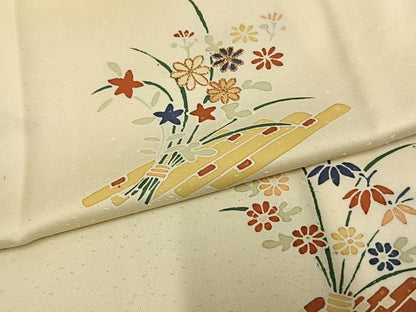 平和屋着物▽訪問着　単衣　友禅　駒刺繍　草花文　正絹　逸品　AAAV2720fy