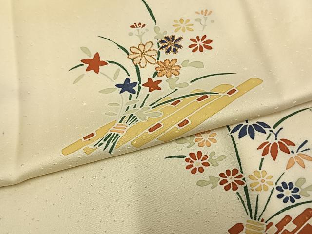 平和屋着物▽訪問着　単衣　友禅　駒刺繍　草花文　正絹　逸品　AAAV2720fy
