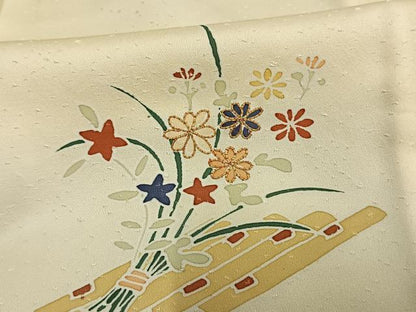 平和屋着物▽訪問着　単衣　友禅　駒刺繍　草花文　正絹　逸品　AAAV2720fy