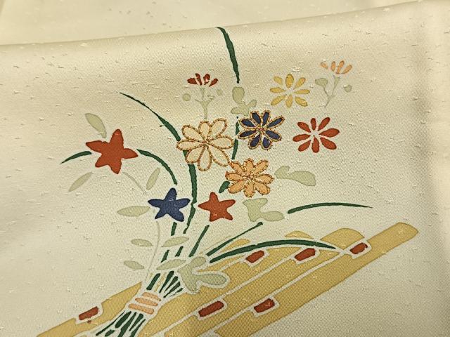 平和屋着物▽訪問着　単衣　友禅　駒刺繍　草花文　正絹　逸品　AAAV2720fy