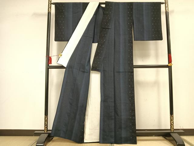 平和屋着物▽本塩沢 単衣 110亀甲 間道 正絹 逸品 AAAV2722fy