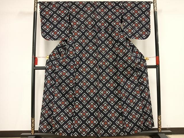 平和屋着物▽上質な紬 単衣 絞り 菱文 綿 逸品 AAAV2724fy
