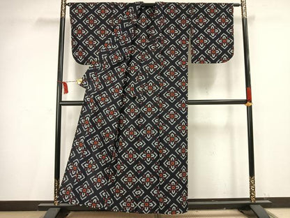 平和屋着物▽上質な紬 単衣 絞り 菱文 綿 逸品 AAAV2724fy