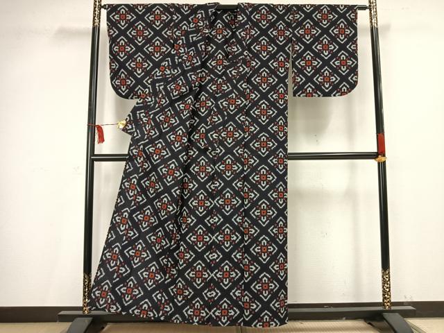 平和屋着物▽上質な紬 単衣 絞り 菱文 綿 逸品 AAAV2724fy