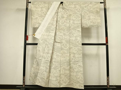 平和屋着物▽本場大島紬　単衣　白大島　9マルキ　風景文　正絹　逸品　AAAV2728fy