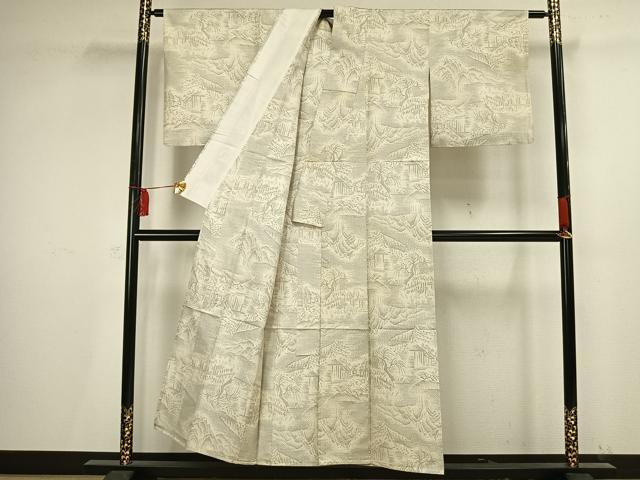 平和屋着物▽本場大島紬　単衣　白大島　9マルキ　風景文　正絹　逸品　AAAV2728fy