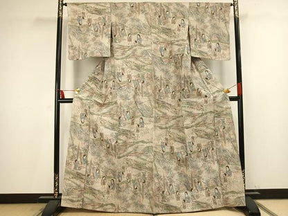 平和屋着物▽上質な紬 単衣 人物風景文 正絹 逸品 未使用 AAAV2732fy