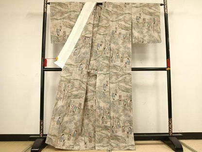 平和屋着物▽上質な紬 単衣 人物風景文 正絹 逸品 未使用 AAAV2732fy