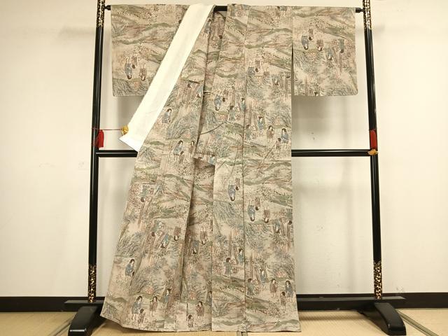 平和屋着物▽上質な紬 単衣 人物風景文 正絹 逸品 未使用 AAAV2732fy