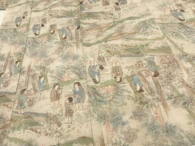 平和屋着物▽上質な紬 単衣 人物風景文 正絹 逸品 未使用 AAAV2732fy