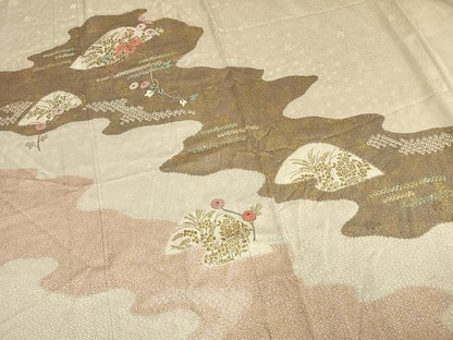 平和屋着物▽訪問着　単衣　刺繍　道長花文　金彩　正絹　逸品　AAAV2736fy