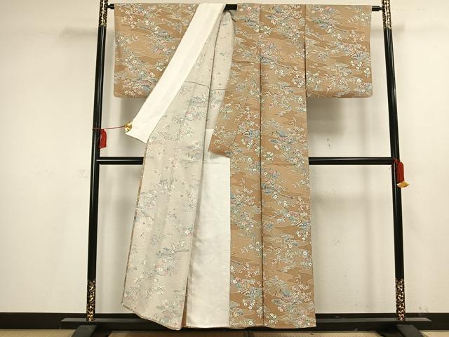 平和屋着物▽上質な小紋　単衣　風景草花文　正絹　逸品　AAAV2746fy