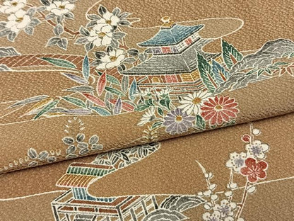 平和屋着物▽上質な小紋　単衣　風景草花文　正絹　逸品　AAAV2746fy