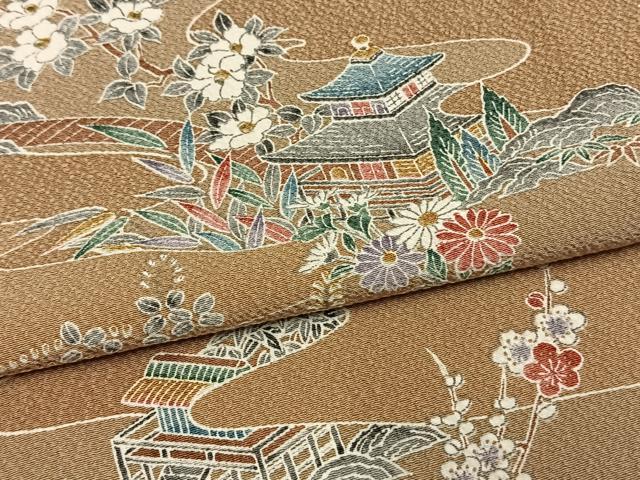 平和屋着物▽上質な小紋　単衣　風景草花文　正絹　逸品　AAAV2746fy