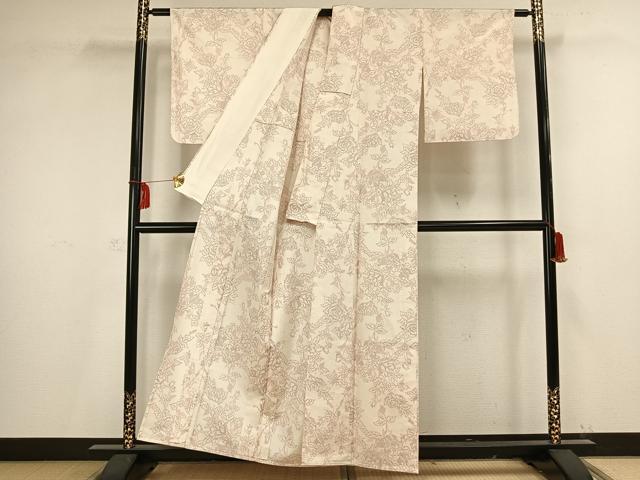 平和屋着物▽上質な紬 単衣 草花文 正絹 逸品 AAAV2751fy
