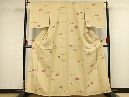 平和屋着物▽上質な小紋　単衣　花鳥文　金彩　正絹　逸品　未使用　AAAV2756fy