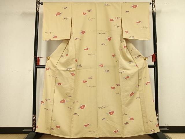 平和屋着物▽上質な小紋　単衣　花鳥文　金彩　正絹　逸品　未使用　AAAV2756fy