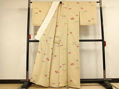 平和屋着物▽上質な小紋　単衣　花鳥文　金彩　正絹　逸品　未使用　AAAV2756fy