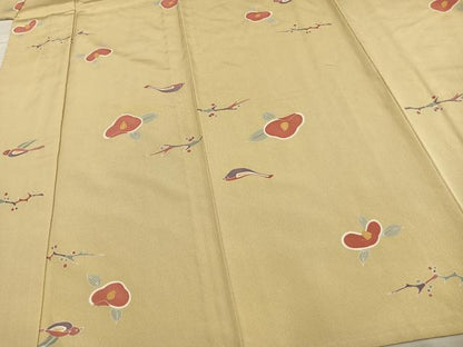 平和屋着物▽上質な小紋　単衣　花鳥文　金彩　正絹　逸品　未使用　AAAV2756fy