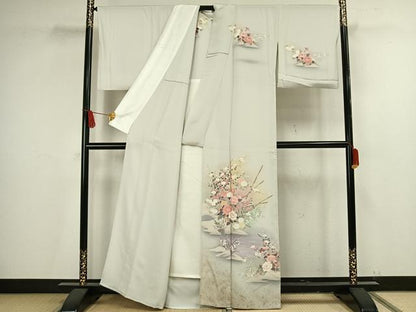 平和屋着物▽訪問着　単衣　友禅　草花文　暈し染め　金銀彩　正絹　逸品　AAAV2759fy