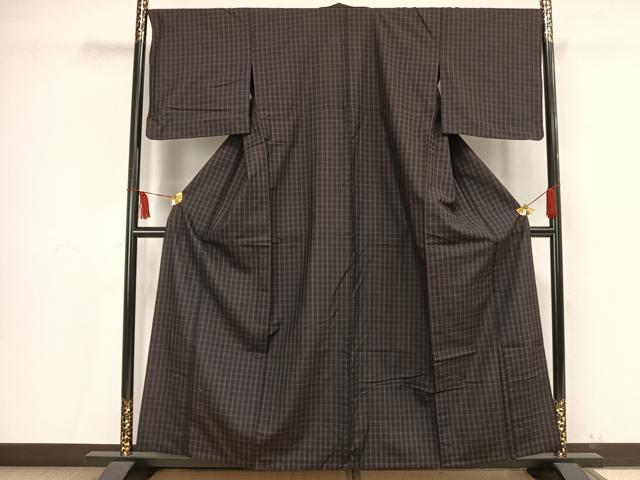 平和屋着物▽上質な紬 単衣 格子 正絹 逸品 AAAV2763fy