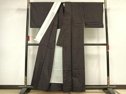 平和屋着物▽上質な紬 単衣 格子 正絹 逸品 AAAV2763fy