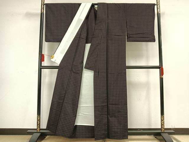 平和屋着物▽上質な紬 単衣 格子 正絹 逸品 AAAV2763fy