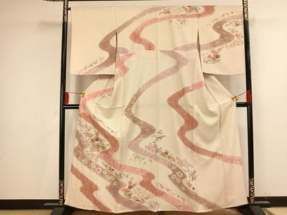 平和屋着物▽訪問着 単衣 友禅 絞り 流水草花文 金彩 正絹 逸品 AAAV2764fy