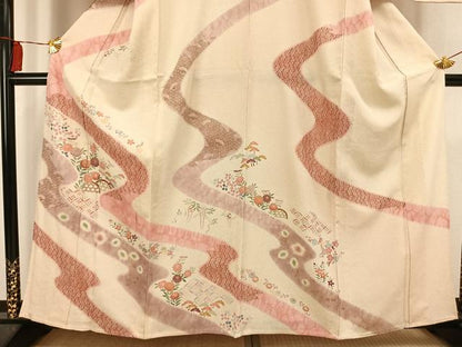 平和屋着物▽訪問着 単衣 友禅 絞り 流水草花文 金彩 正絹 逸品 AAAV2764fy