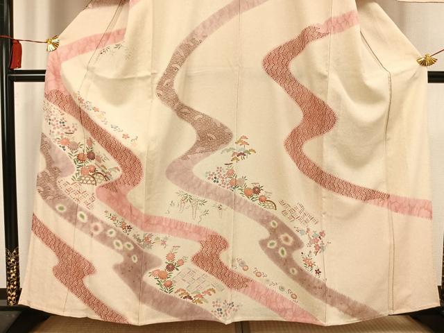 平和屋着物▽訪問着 単衣 友禅 絞り 流水草花文 金彩 正絹 逸品 AAAV2764fy