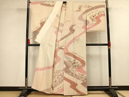 平和屋着物▽訪問着 単衣 友禅 絞り 流水草花文 金彩 正絹 逸品 AAAV2764fy