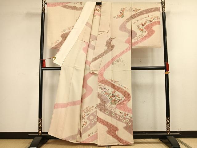 平和屋着物▽訪問着 単衣 友禅 絞り 流水草花文 金彩 正絹 逸品 AAAV2764fy