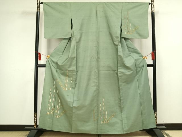 平和屋着物▽訪問着 単衣 紬地 木賊 正絹 逸品 AAAV2766fy