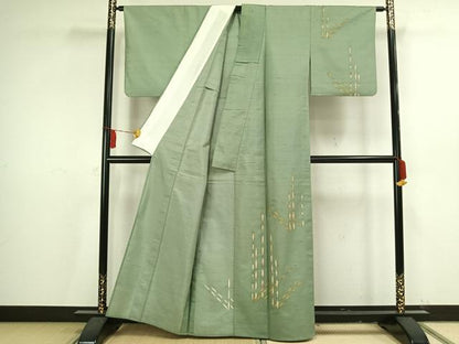 平和屋着物▽訪問着 単衣 紬地 木賊 正絹 逸品 AAAV2766fy