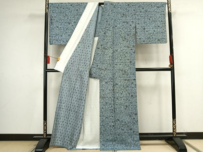 平和屋着物▽創業70余年 あやせ染芸 東京手差し紅型 工芸作家 鈴木洋行 花織紬 単衣 藍染 反端付き 正絹 逸品 AAAV2771fy