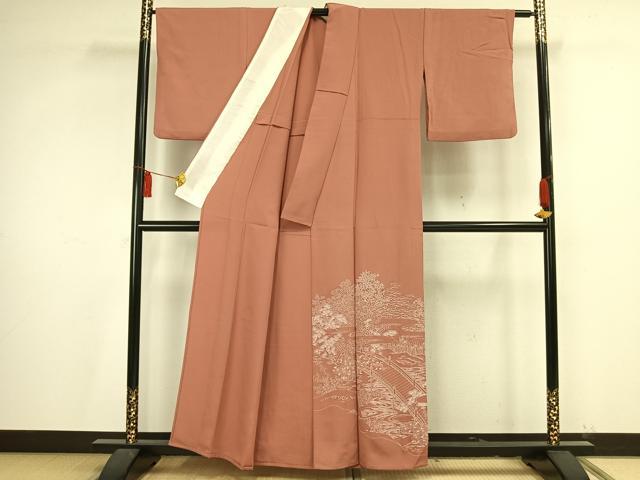 平和屋着物▽訪問着　単衣　刺繍　風景草花文　正絹　逸品　AAAV2775fy
