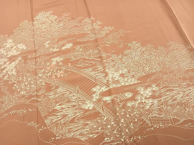 平和屋着物▽訪問着　単衣　刺繍　風景草花文　正絹　逸品　AAAV2775fy