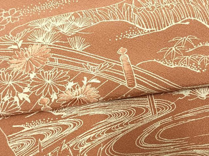 平和屋着物▽訪問着　単衣　刺繍　風景草花文　正絹　逸品　AAAV2775fy