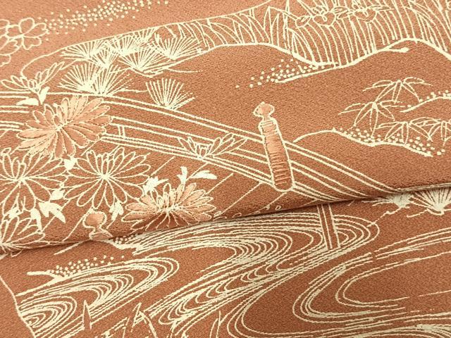 平和屋着物▽訪問着　単衣　刺繍　風景草花文　正絹　逸品　AAAV2775fy