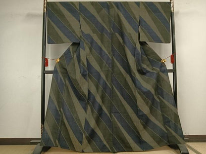 平和屋着物▽結城ちぢみ　単衣　斜縞　正絹　逸品　AAAV2787fy